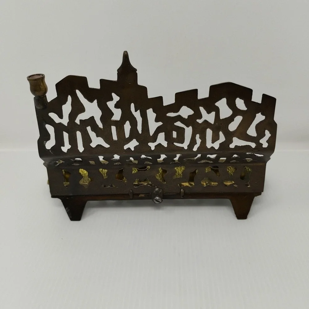Vintage Brass Menorah Judaica Hanukkah MCM Chanukah Hebrew Marked No. 415 Israel